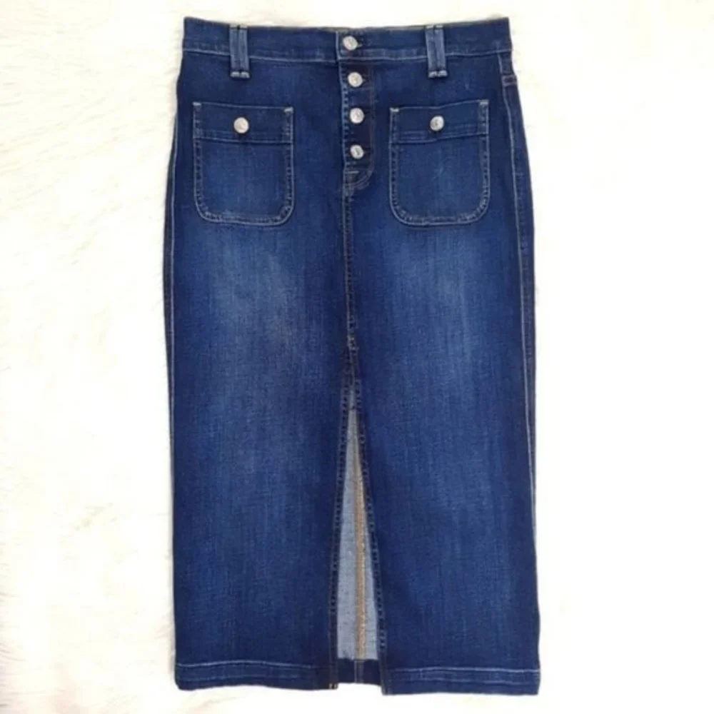 7 For All Mankind Button Fly Long Denim Jean Skirt - Picture 2 of 10